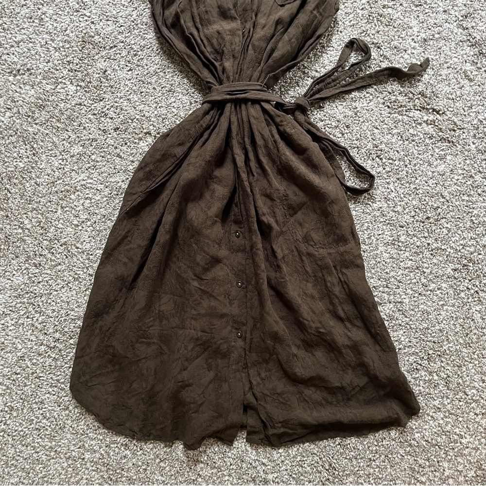 Anthropologie Sleeveless Button-Front Brown Shirt Dress with Waist Tie - Picture 2 of 7